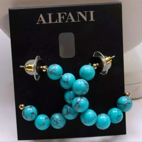 ALFANI Gold-tone Small Stone Bead C-hoop Earrings, 1" In Turquoise, NEW💙 - Picture 3 of 3